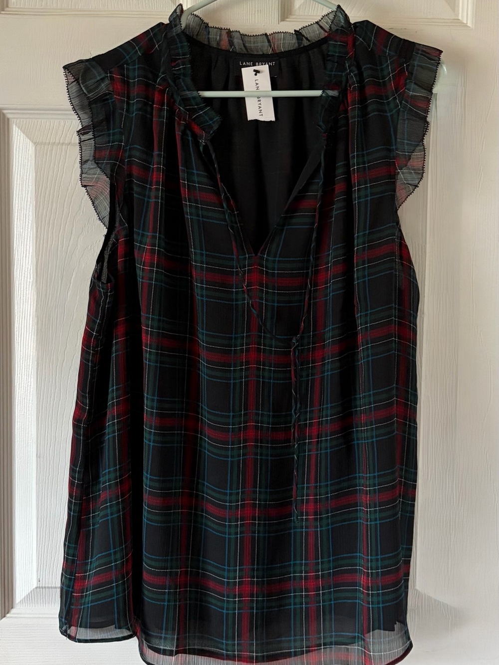 Lane Bryant Black Plaid Ruffle Sleeve Blouse with Red & Teal Accents Sz M